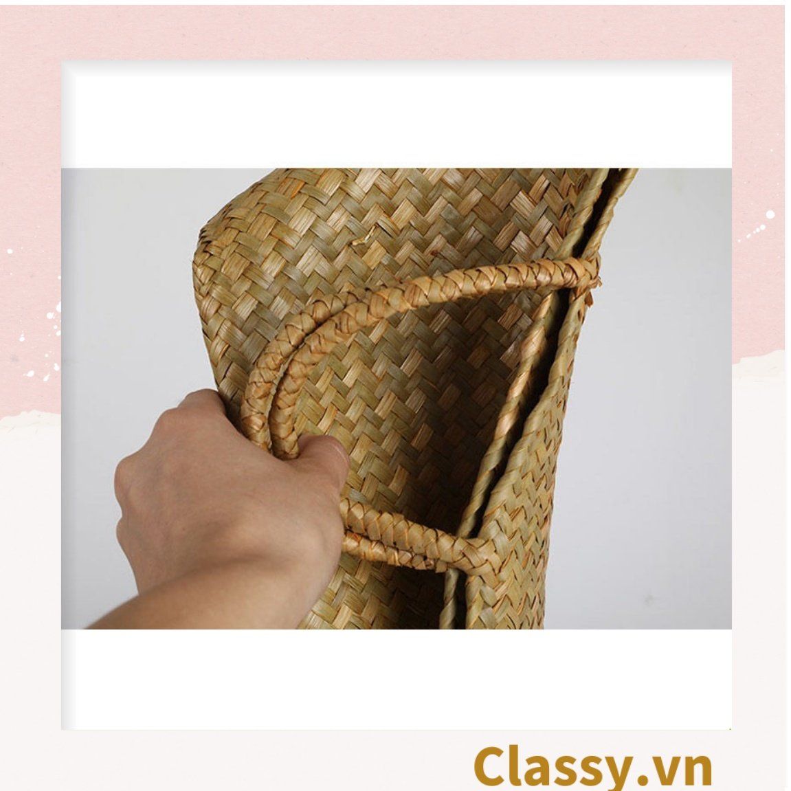 Túi cỏ bàng dáng bầu, có lớp lót làm từ cỏ bàng 100% thiên nhiên, từ bàn tay thợ thủ công Việt Nam T985