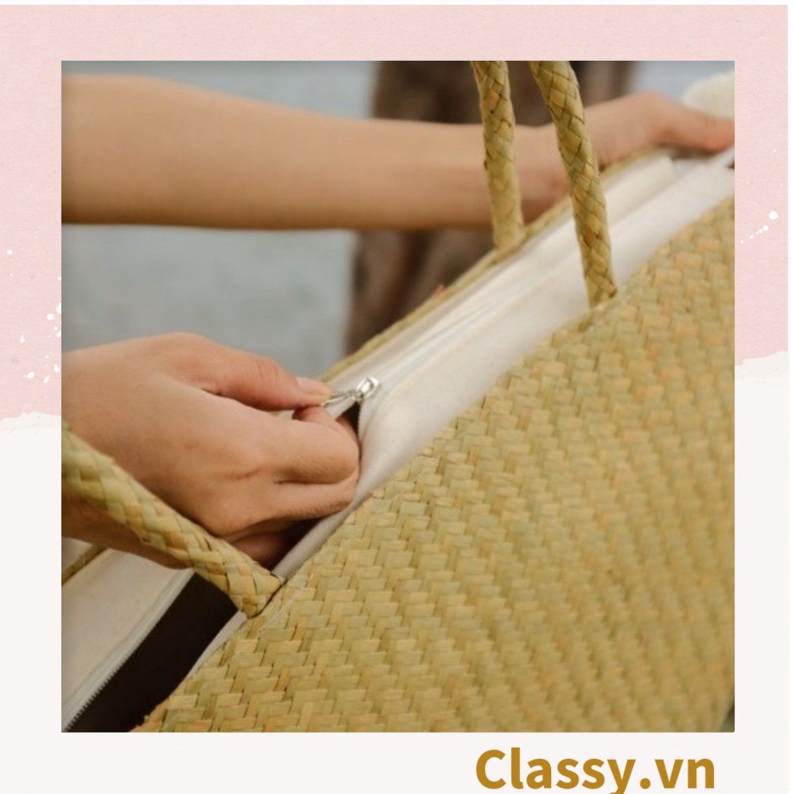 Túi cỏ bàng dáng bầu, có lớp lót làm từ cỏ bàng 100% thiên nhiên, từ bàn tay thợ thủ công Việt Nam T985