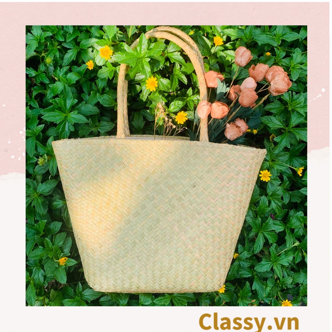 Túi cỏ bàng dáng bầu, có lớp lót làm từ cỏ bàng 100% thiên nhiên, từ bàn tay thợ thủ công Việt Nam T985