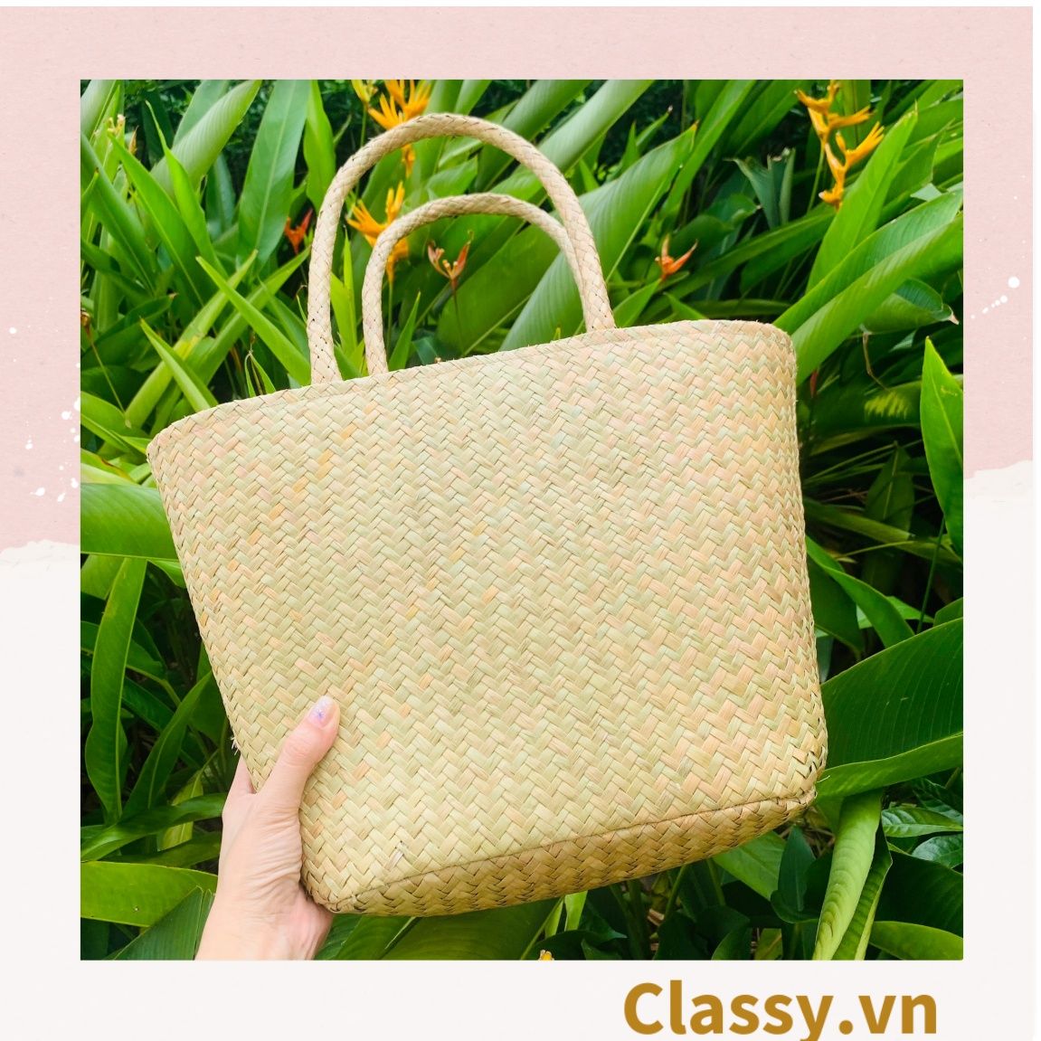  Túi cỏ bàng dáng bầu, có lớp lót làm từ cỏ bàng 100% thiên nhiên, từ bàn tay thợ thủ công Việt Nam T985 