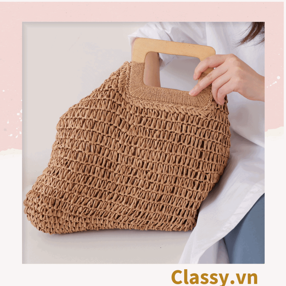 T994 Túi cói đan móc size lớn chất liệu giấy cao cấp, quai gỗ chất lượng, thân thiện với môi trường