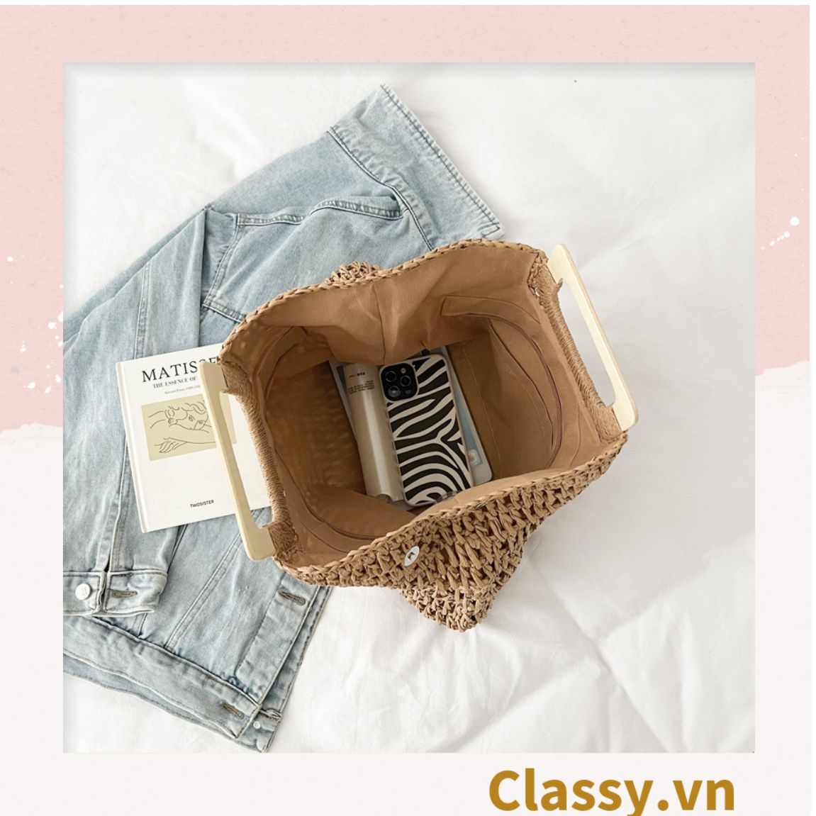 T994 Túi cói đan móc size lớn chất liệu giấy cao cấp, quai gỗ chất lượng, thân thiện với môi trường