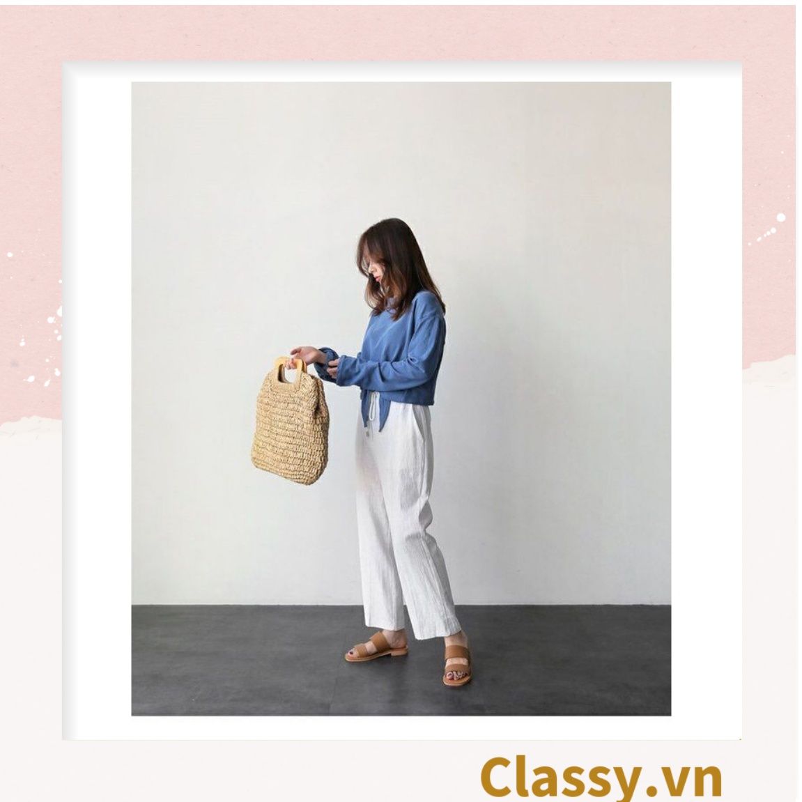 T994 Túi cói đan móc size lớn chất liệu giấy cao cấp, quai gỗ chất lượng, thân thiện với môi trường