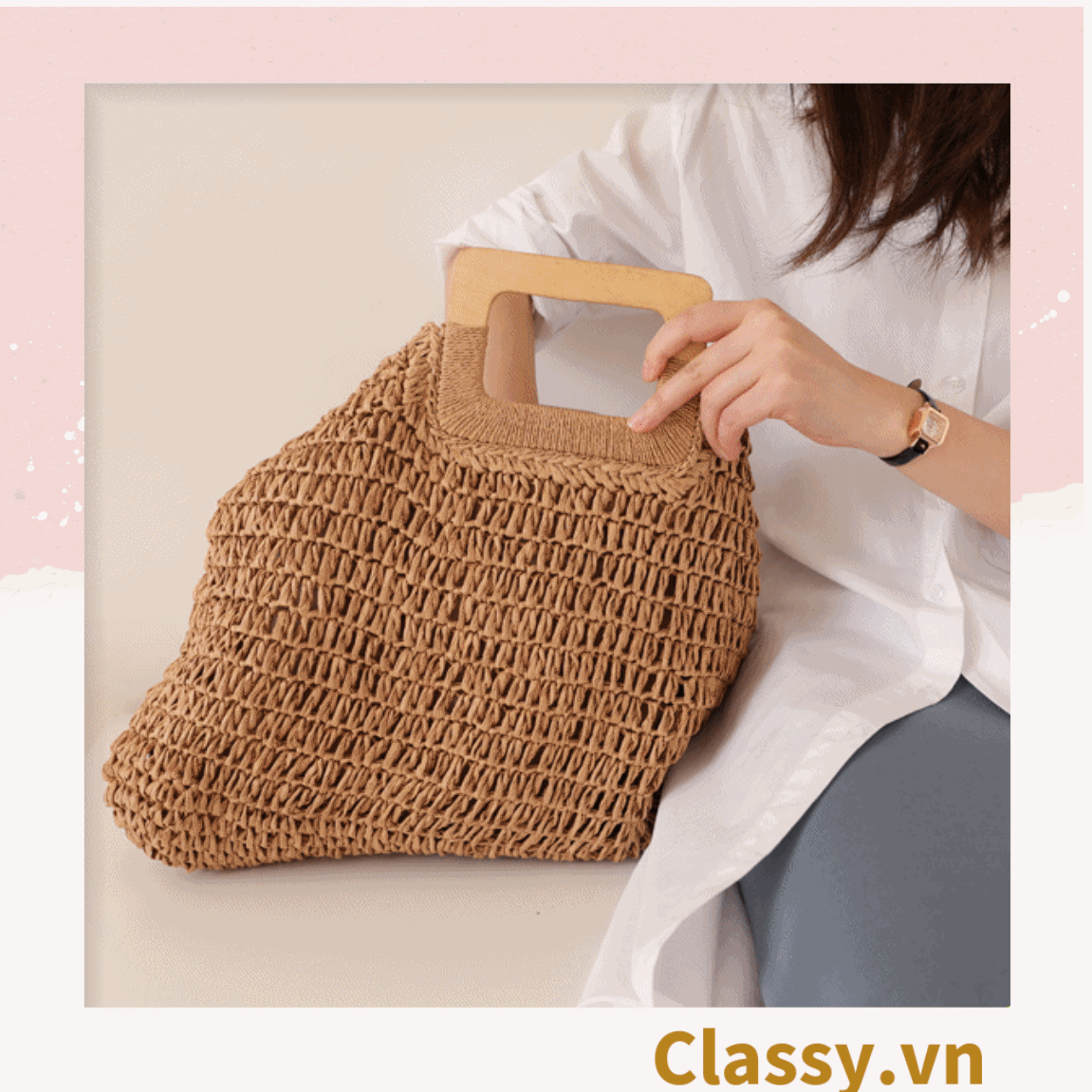 T994 Túi cói đan móc size lớn chất liệu giấy cao cấp, quai gỗ chất lượng, thân thiện với môi trường