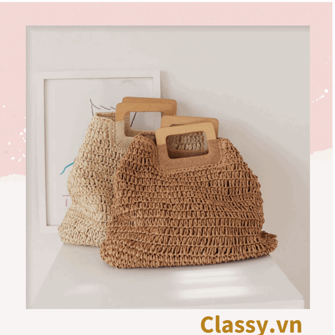 T994 Túi cói đan móc size lớn chất liệu giấy cao cấp, quai gỗ chất lượng, thân thiện với môi trường