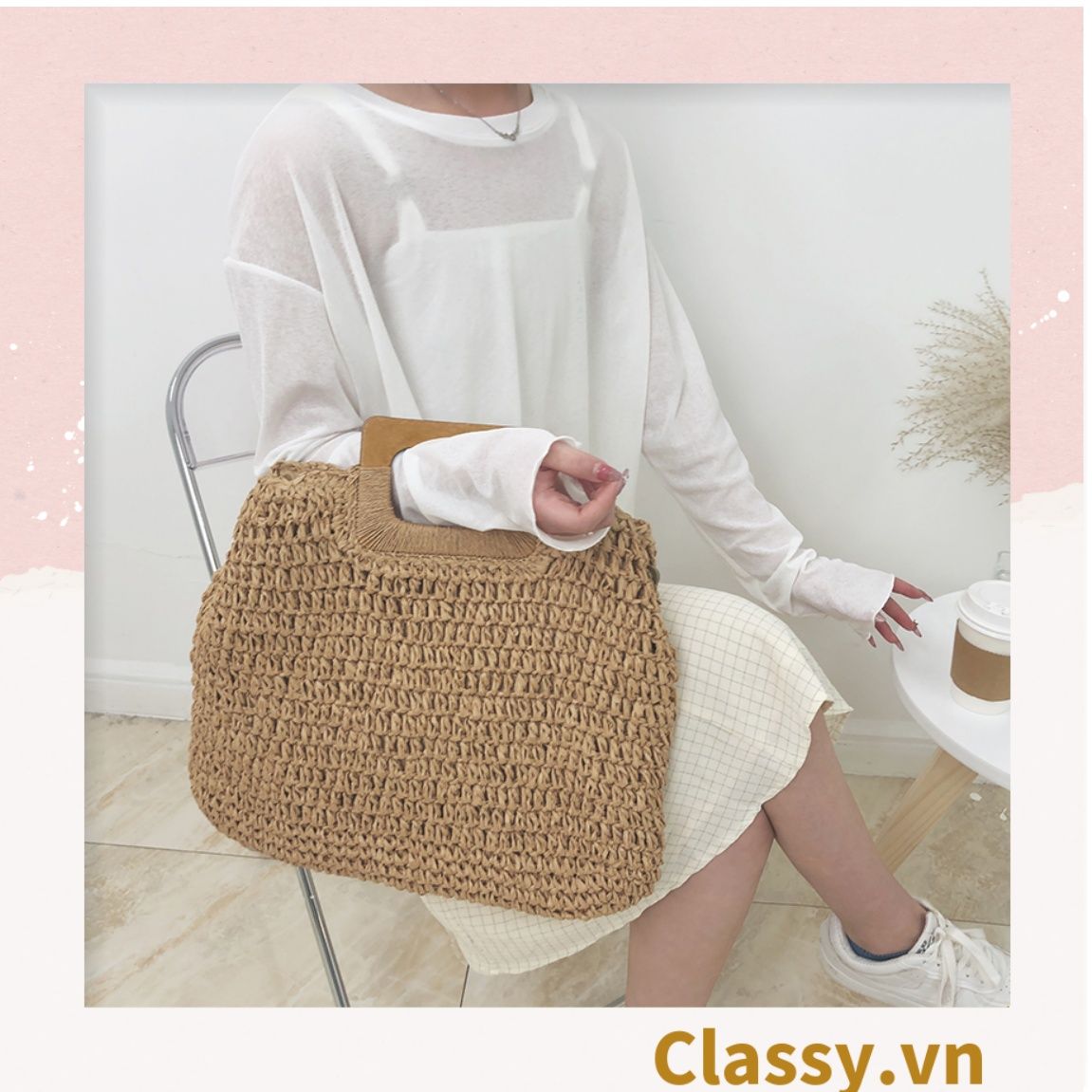 T994 Túi cói đan móc size lớn chất liệu giấy cao cấp, quai gỗ chất lượng, thân thiện với môi trường