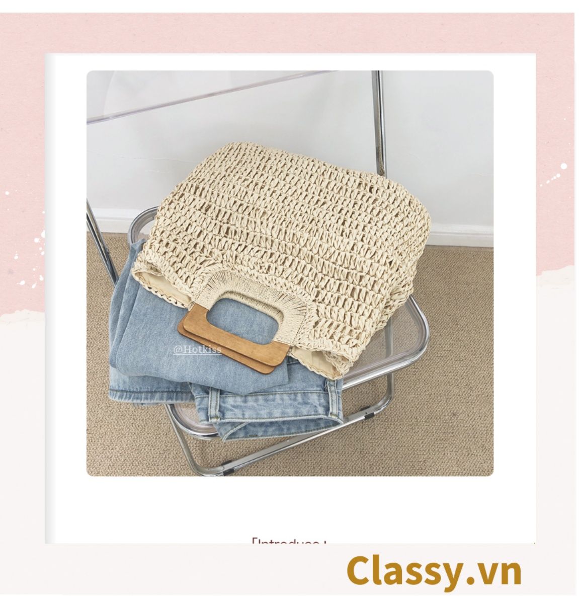 T994 Túi cói đan móc size lớn chất liệu giấy cao cấp, quai gỗ chất lượng, thân thiện với môi trường