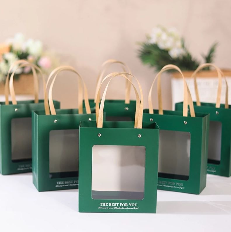 Q793 Bộ Túi giấy và Hộp quà tự gấp kích thước 20x20x9cm trong suốt trơn màu, quà tặng lễ tết sinh nhật xinh xắn