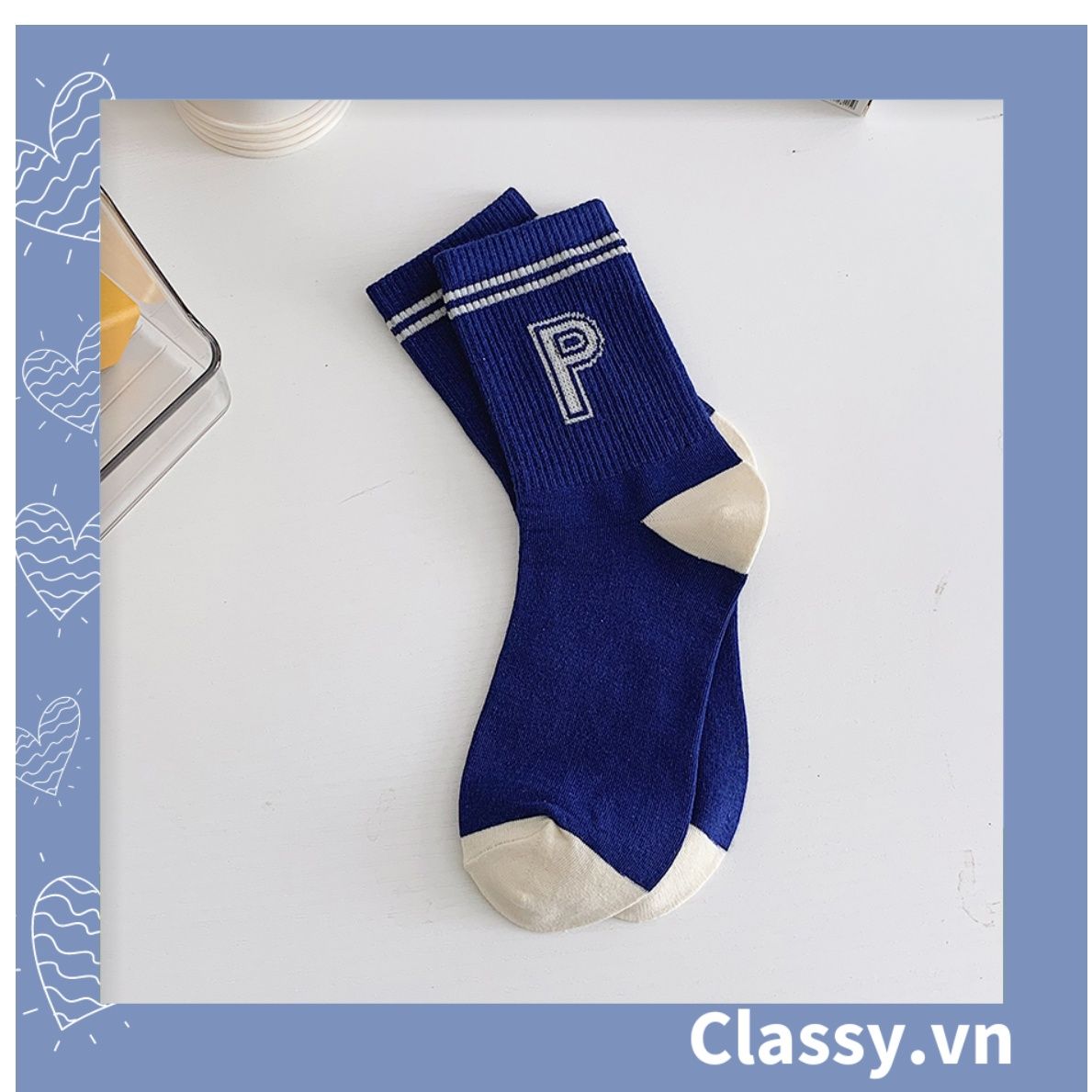 Classy Tất cổ cao, vớ cổ cao màu xanh họa tiết vui nhộn, chất cotton siêu êm G1346