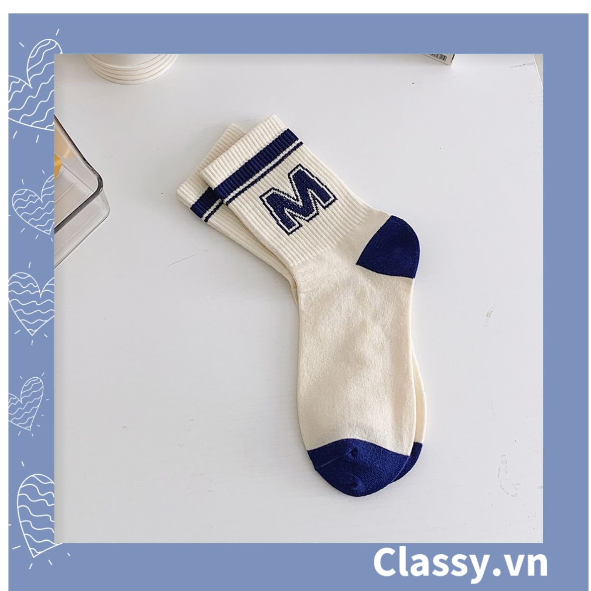 Classy Tất cổ cao, vớ cổ cao màu xanh họa tiết vui nhộn, chất cotton siêu êm G1346