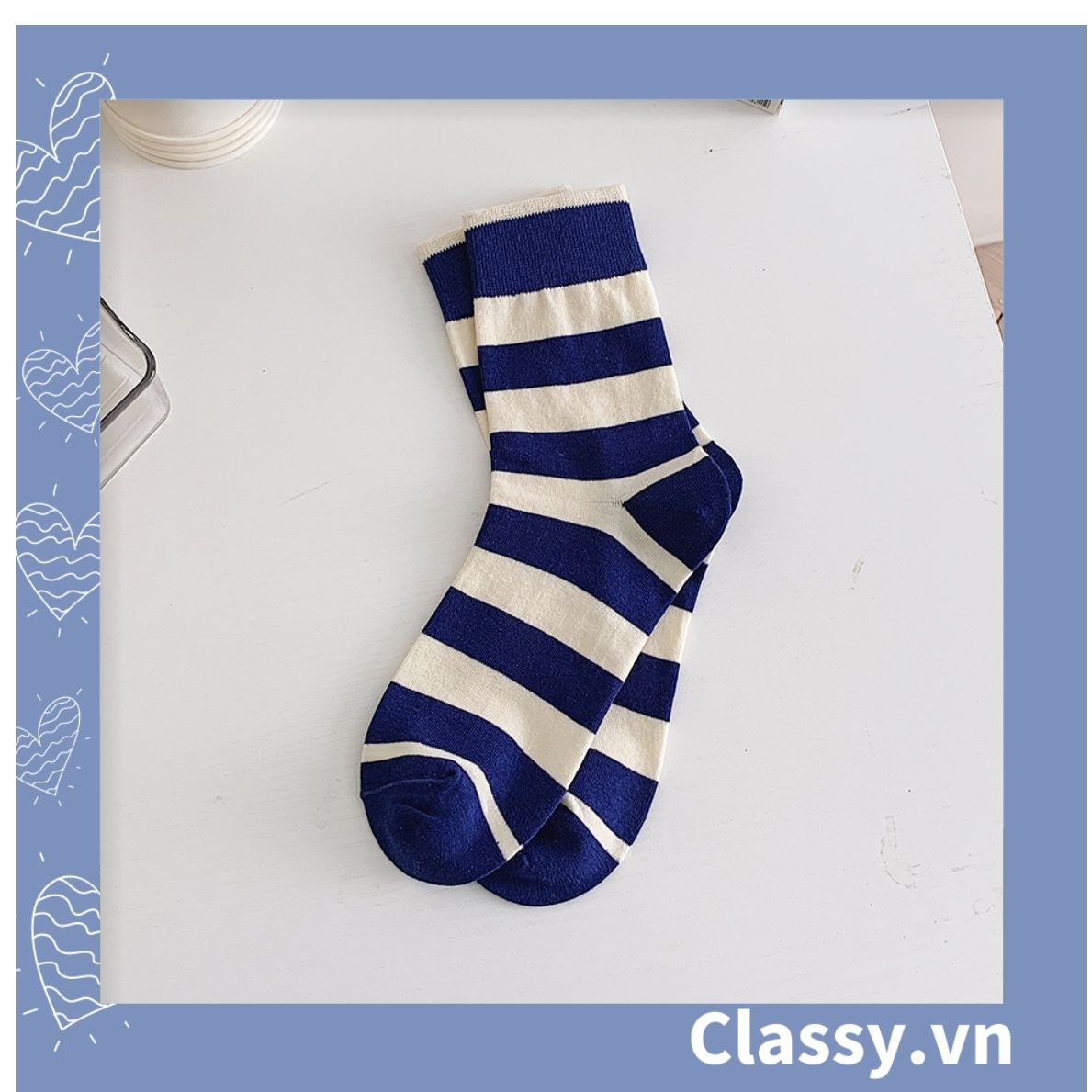 Classy Tất cổ cao, vớ cổ cao màu xanh họa tiết vui nhộn, chất cotton siêu êm G1346