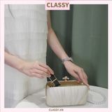  Clutch cầm tay đi tiệc màu be, vải Satin Mịn Xinh Sang Dài 18 X Rộng 10 CM, dây đeo chuỗi hạt T006 