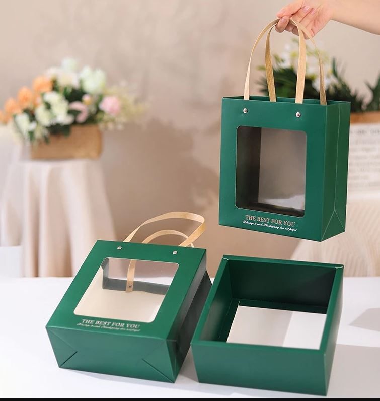 Q793 Bộ Túi giấy và Hộp quà tự gấp kích thước 20x20x9cm trong suốt trơn màu, quà tặng lễ tết sinh nhật xinh xắn