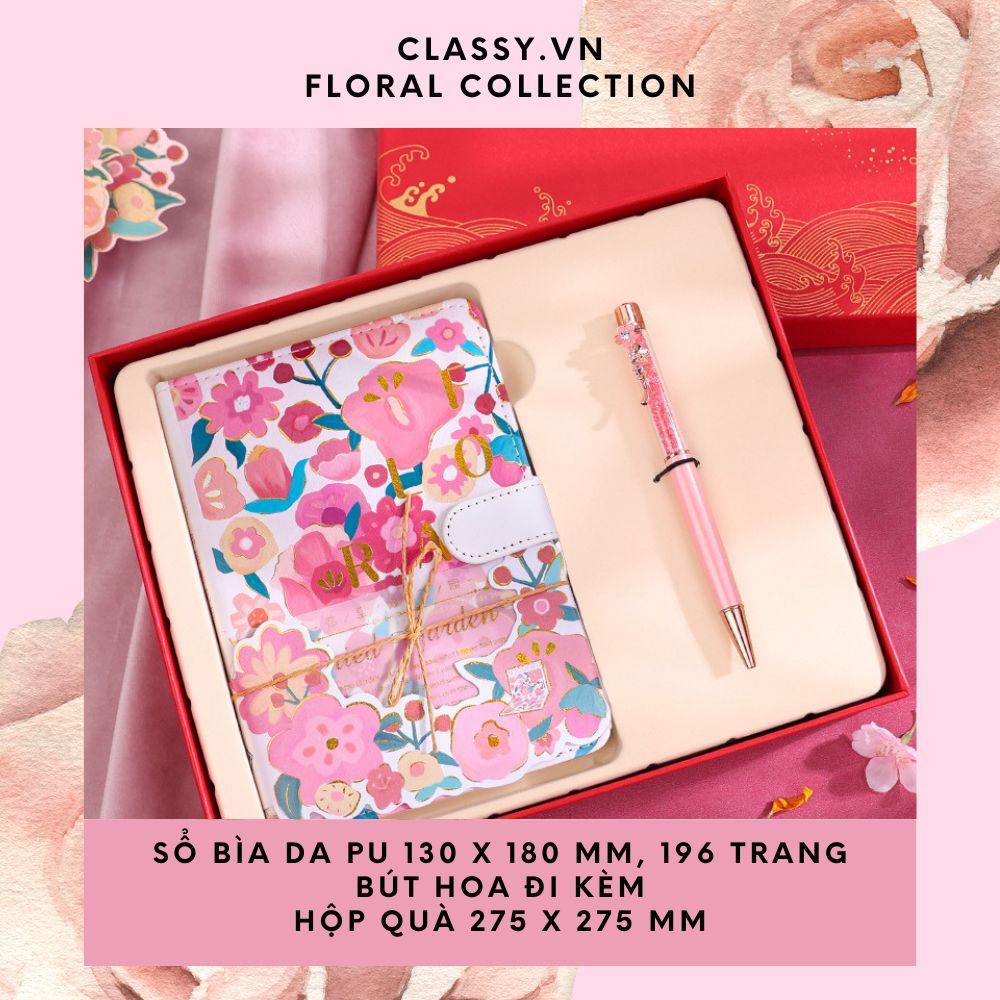 Sổ Bìa Cứng khóa từ sáng tạo Bằng Da In Hoạ Tiết Hoa Lá Dễ Thương Làm Nhật Ký, Quà Tặng PK1761 - Classy Floral Collection