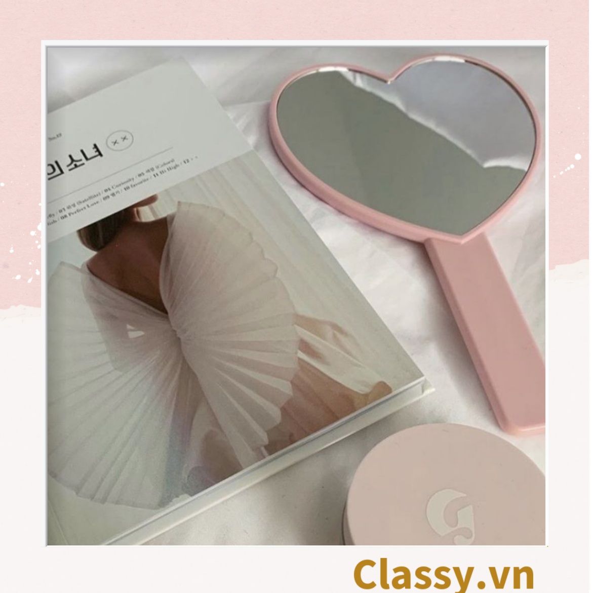 Gương soi cầm tay hình trái tim Kích thước 13*18.5cm màu hồng PK1825