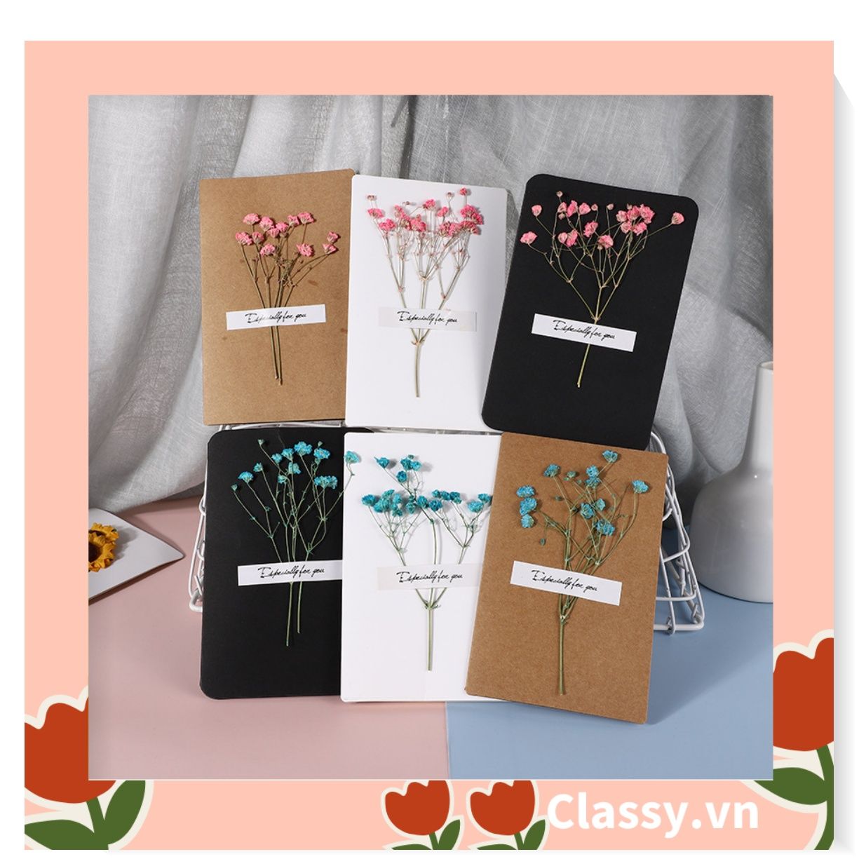 Classy Thiệp chúc mừng, thiệp giáng sinh có gắn hoa khô trang trí Q1366