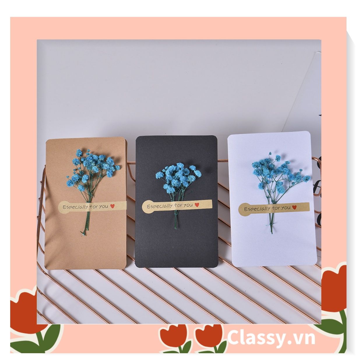 Classy Thiệp chúc mừng, thiệp giáng sinh có gắn hoa khô trang trí Q1366