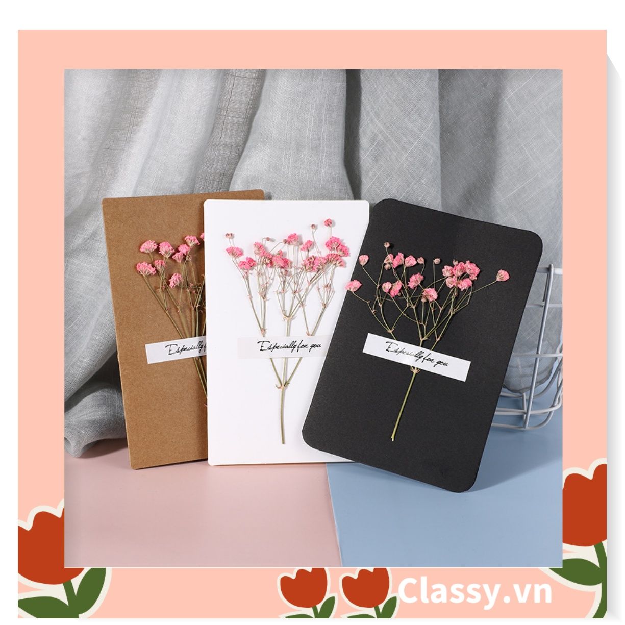 Classy Thiệp chúc mừng, thiệp giáng sinh có gắn hoa khô trang trí Q1366