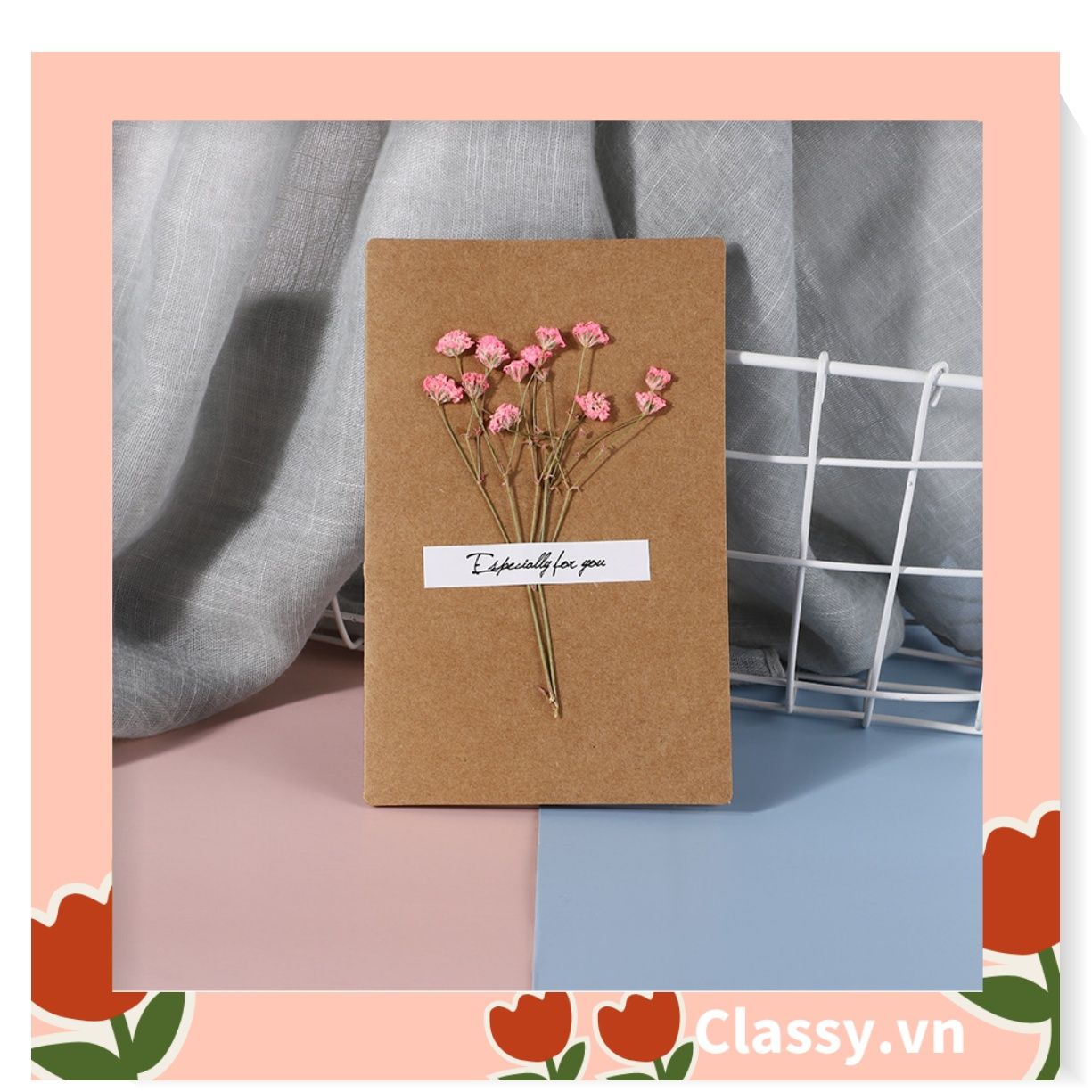 Classy Thiệp chúc mừng, thiệp giáng sinh có gắn hoa khô trang trí Q1366