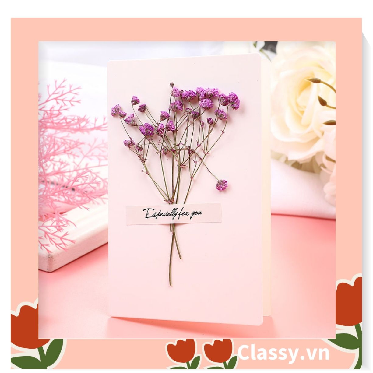 Classy Thiệp chúc mừng, thiệp giáng sinh có gắn hoa khô trang trí Q1366