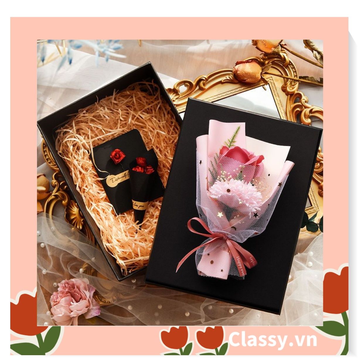 Classy Thiệp chúc mừng, thiệp giáng sinh có gắn hoa khô trang trí Q1366