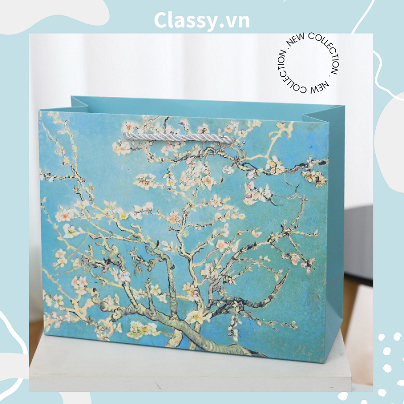 Classy Túi giấy hoa mùa xuân màu xanh cớ lớn, làm quà tặng, đi shopping tiện lợi Q1501