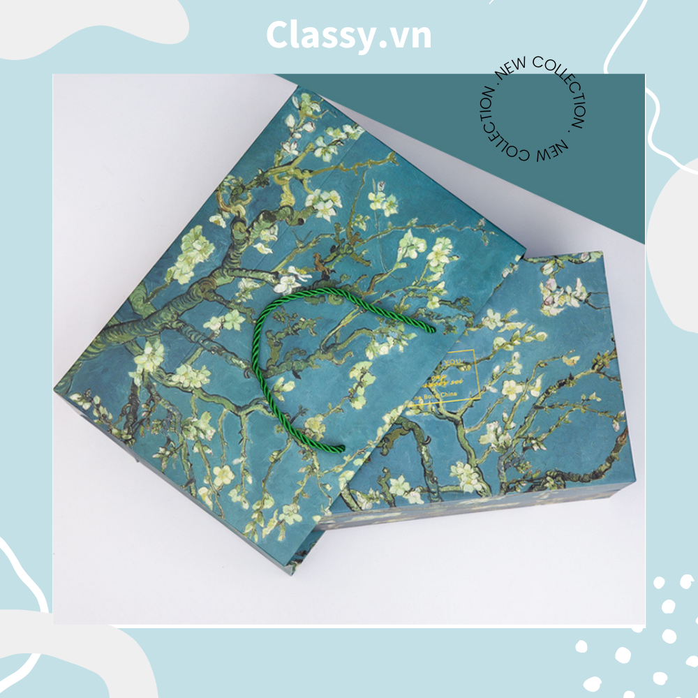 Classy Túi giấy hoa mùa xuân màu xanh cớ lớn, làm quà tặng, đi shopping tiện lợi Q1501