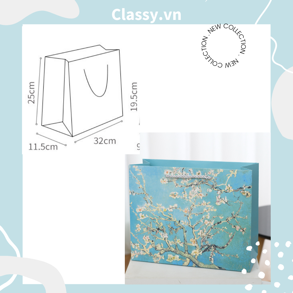 Classy Túi giấy hoa mùa xuân màu xanh cớ lớn, làm quà tặng, đi shopping tiện lợi Q1501