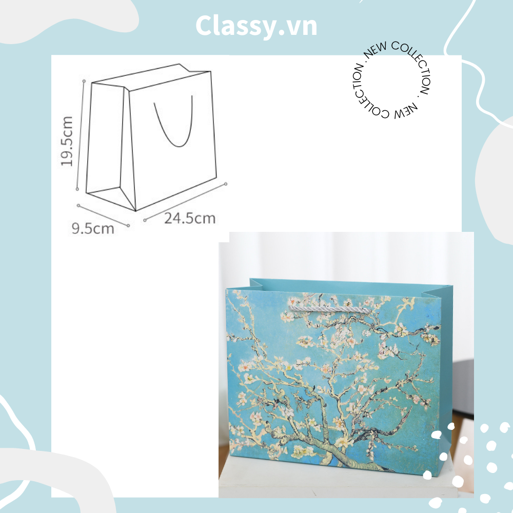 Classy Túi giấy hoa mùa xuân màu xanh cớ lớn, làm quà tặng, đi shopping tiện lợi Q1501