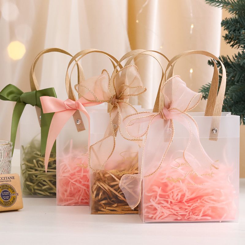 Classy Túi quà tặng, túi quai xách nhựa trong suốt nhiều kích cỡ, kèm ruy băng, giấy lót Q1886