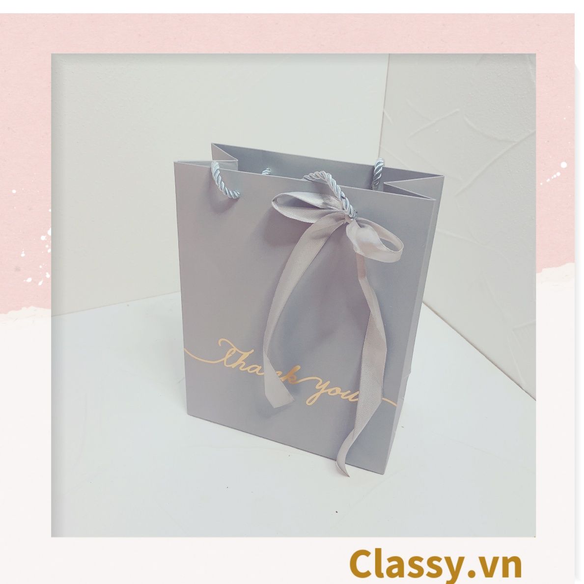 Túi giấy đựng quà tặng nhiều size đơn sắc kèm ruy băng, tối giản In chữ Thank you / Best with you sang trọng Q227