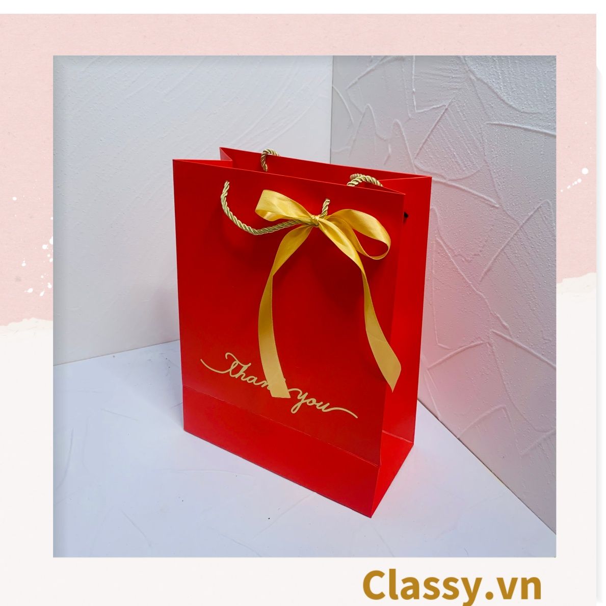 Túi giấy đựng quà tặng nhiều size đơn sắc kèm ruy băng, tối giản In chữ Thank you / Best with you sang trọng Q227