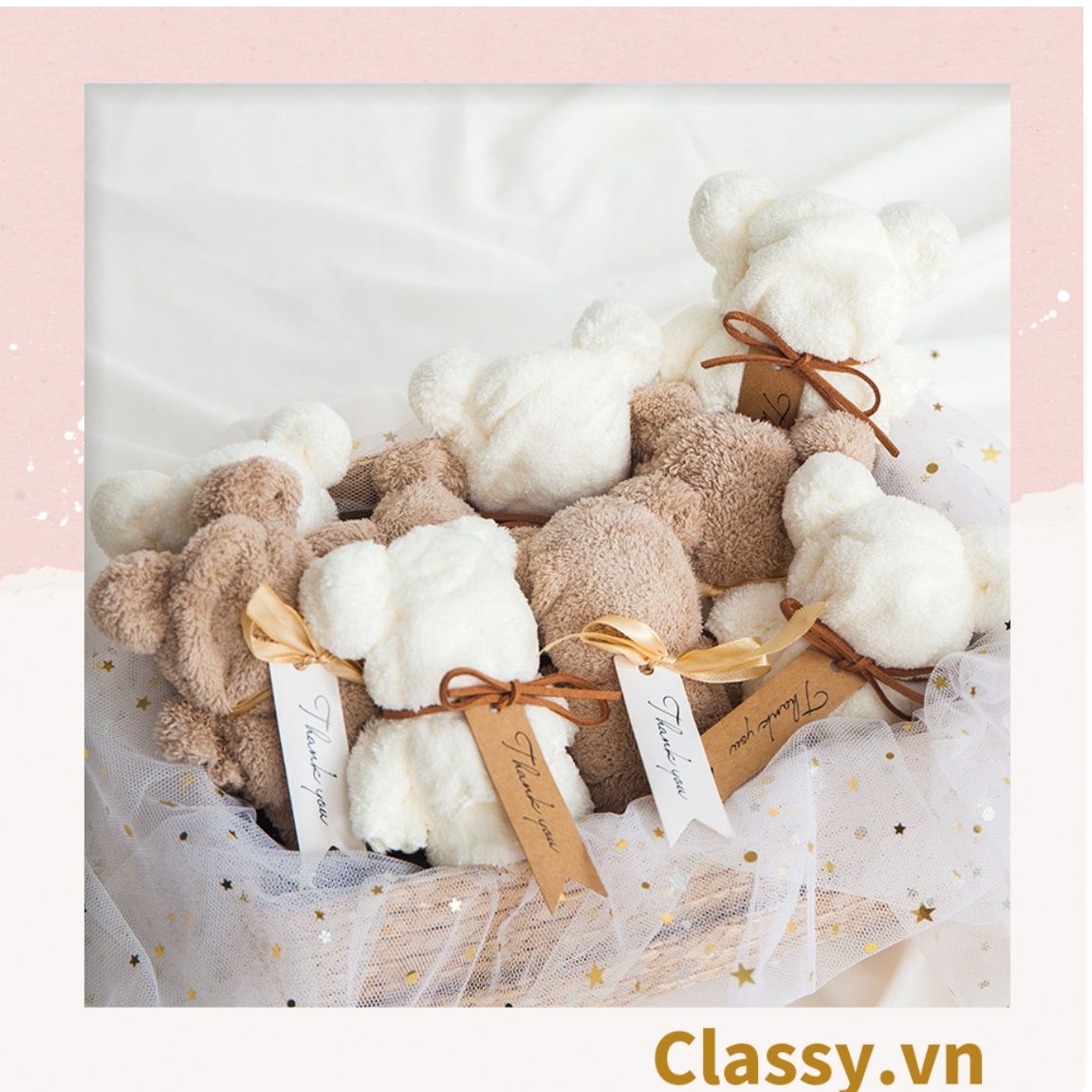 Q965 Khăn Mặt Xếp Thành Gấu Teddy Siêu Dễ Thương, kèm ruy băng và Tag Thank you đính kèm