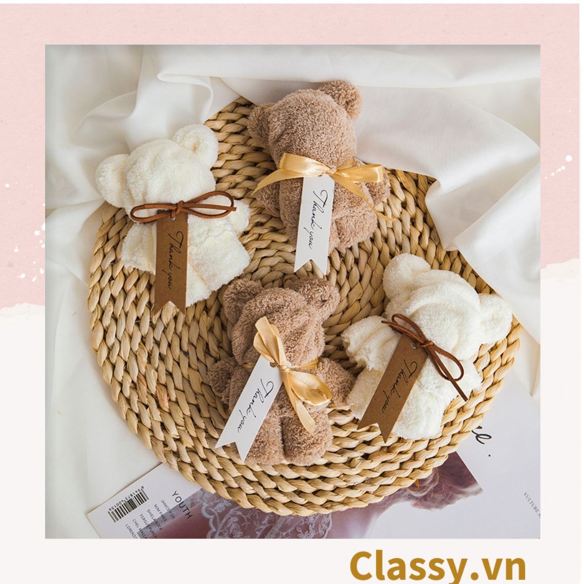 Q965 Khăn Mặt Xếp Thành Gấu Teddy Siêu Dễ Thương, kèm ruy băng và Tag Thank you đính kèm