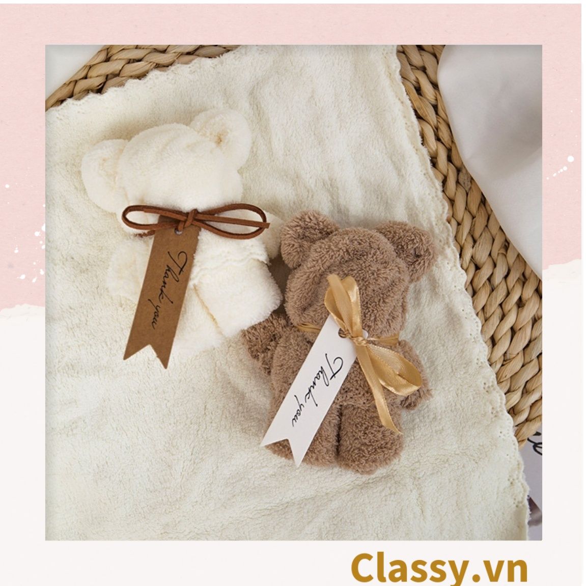 Q965 Khăn Mặt Xếp Thành Gấu Teddy Siêu Dễ Thương, kèm ruy băng và Tag Thank you đính kèm