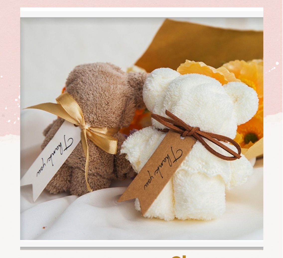 Q965 Khăn Mặt Xếp Thành Gấu Teddy Siêu Dễ Thương, kèm ruy băng và Tag Thank you đính kèm