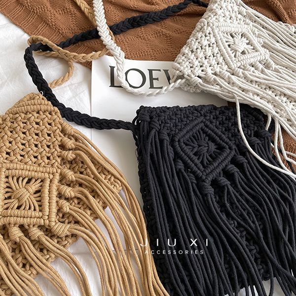 Túi dệt cotton thiết kế tua rua phong cách vintage dành cho nữ T1122