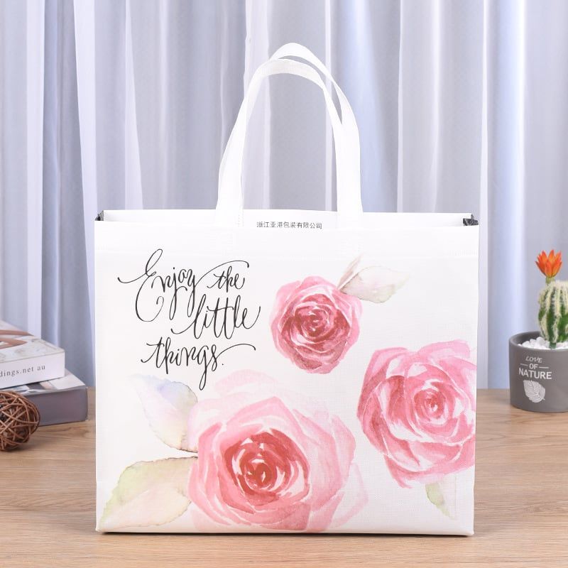Túi vải không dệt màu hồng xinh xắn, họa tiết hoa vintage và hồng hạc T588