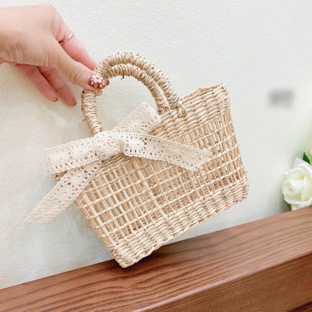 Túi cói làn cói mắt cáo trơn đi biển có nơ, kiểu dáng Vintage, đan thủ công bởi thợ Việt Nam T328
