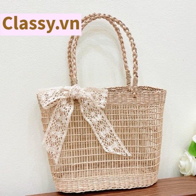 Túi cói làn cói mắt cáo trơn đi biển có nơ, kiểu dáng Vintage, đan thủ công bởi thợ Việt Nam T328