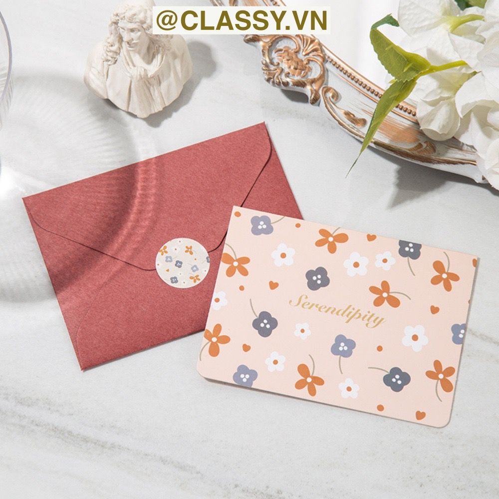 Thiệp Cổ điển Vintage Classy in họa tiết hoa nhí giấy art sang trọng kèm phong bì giấy kraft nâu Q724