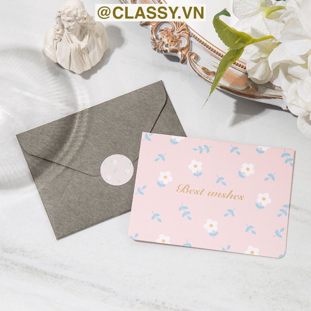 Thiệp Cổ điển Vintage Classy in họa tiết hoa nhí giấy art sang trọng kèm phong bì giấy kraft nâu Q724