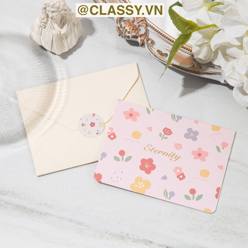 Thiệp Cổ điển Vintage Classy in họa tiết hoa nhí giấy art sang trọng kèm phong bì giấy kraft nâu Q724