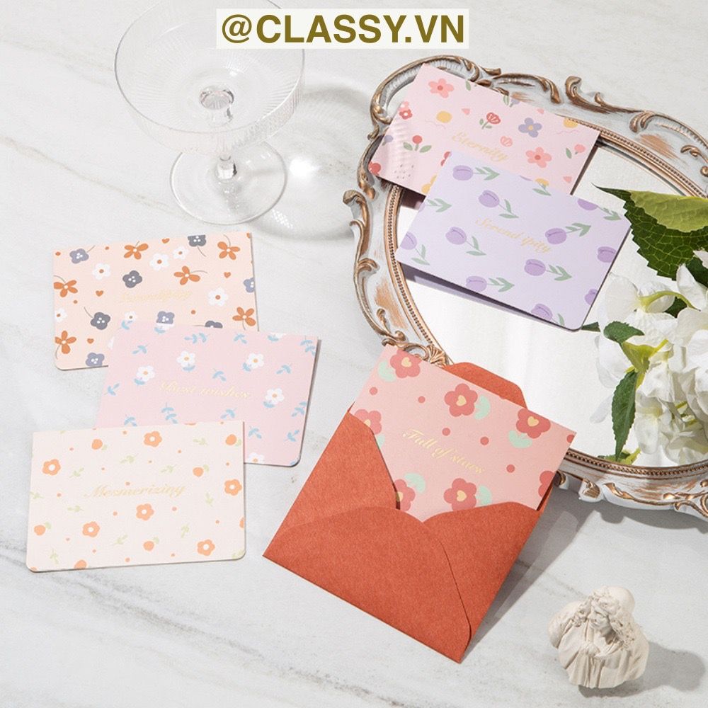 Thiệp Cổ điển Vintage Classy in họa tiết hoa nhí giấy art sang trọng kèm phong bì giấy kraft nâu Q724
