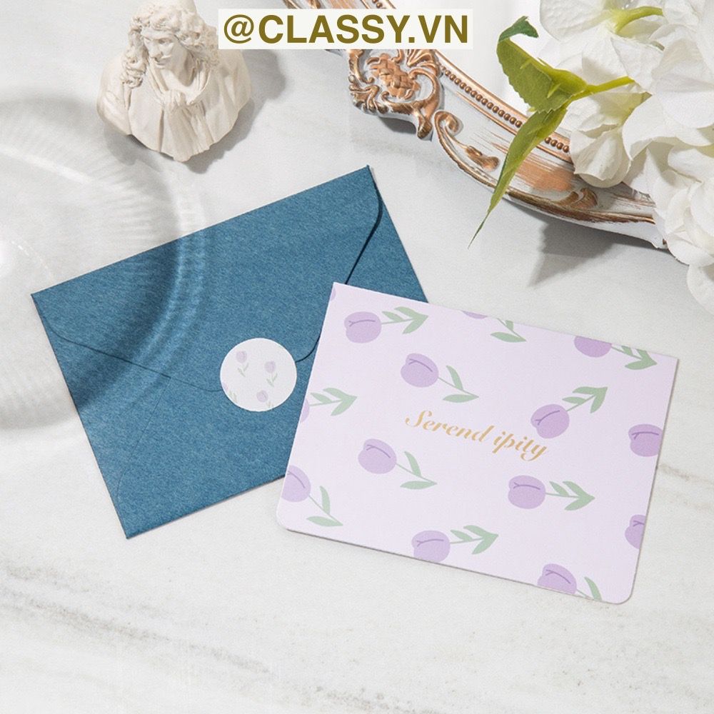 Thiệp Cổ điển Vintage Classy in họa tiết hoa nhí giấy art sang trọng kèm phong bì giấy kraft nâu Q724