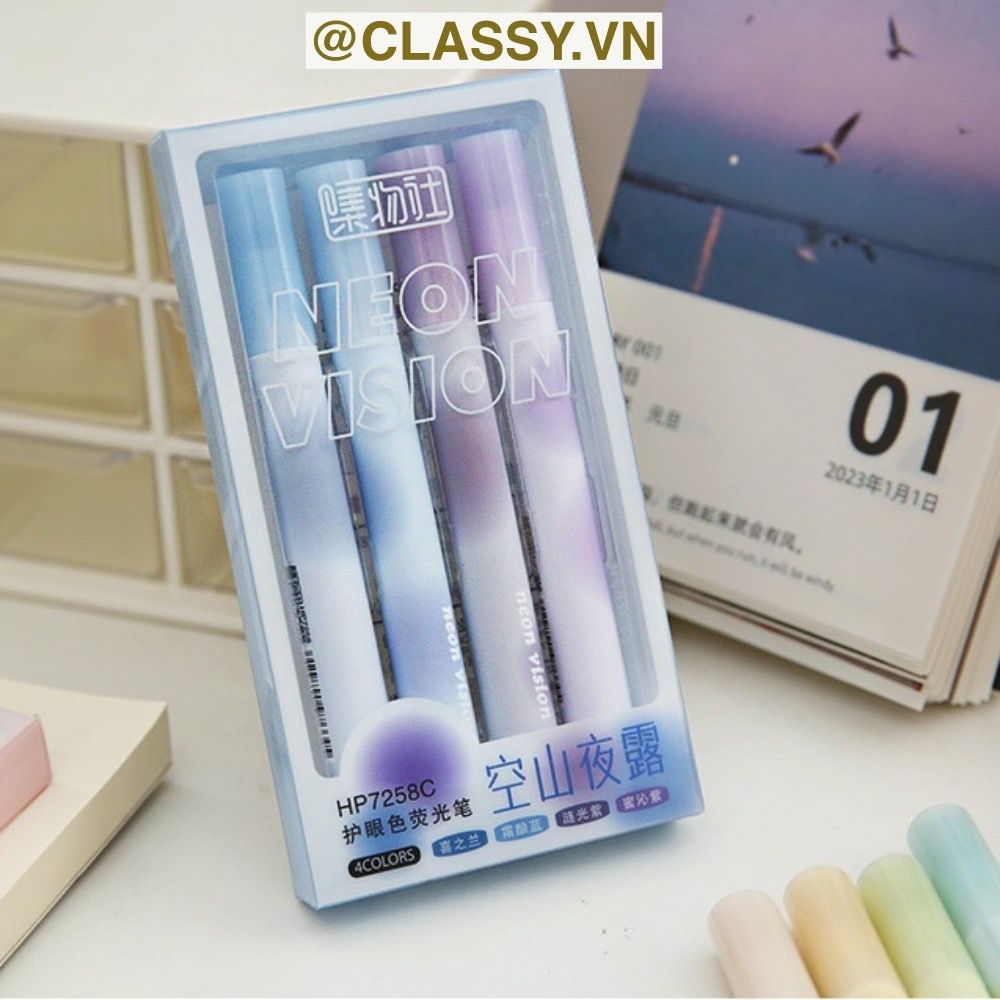 Classy Hộp 4 bút highlight, bút dạ quang, bút đánh dấu tiện lợi PK1536