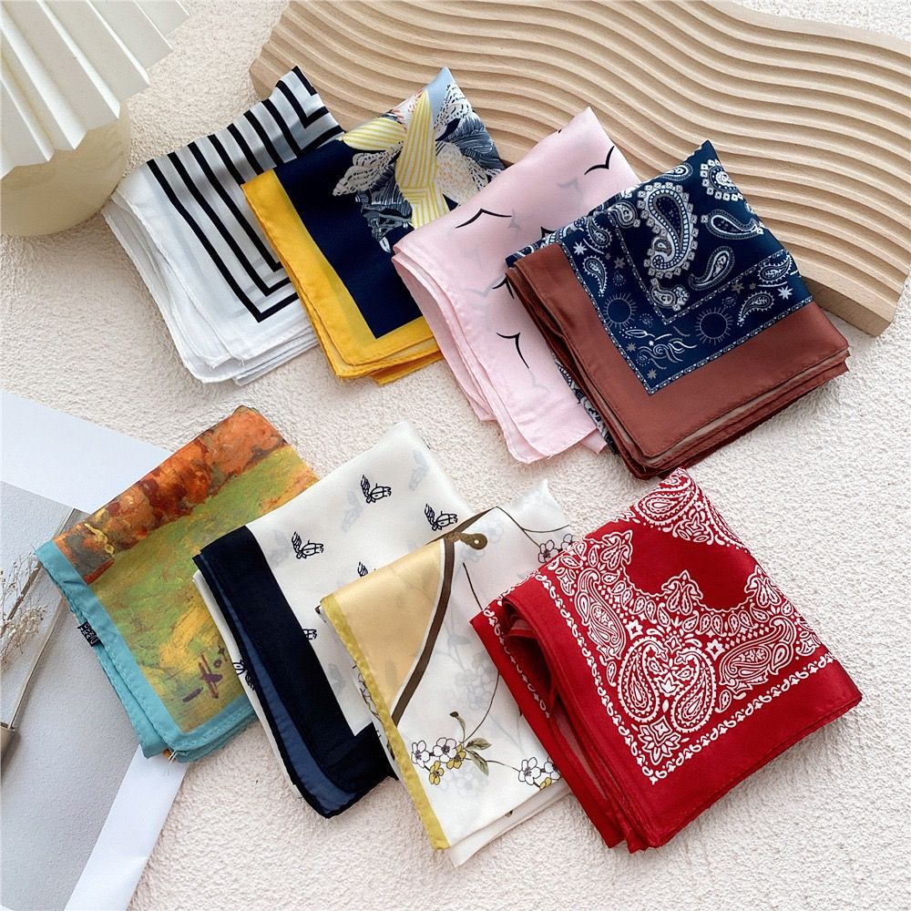 Khăn lụa vuông đi kèm túi cói 50X55cm turban bandana thời trang hàn quốc nhiều kiểu đẹp; phong cách vintage P420