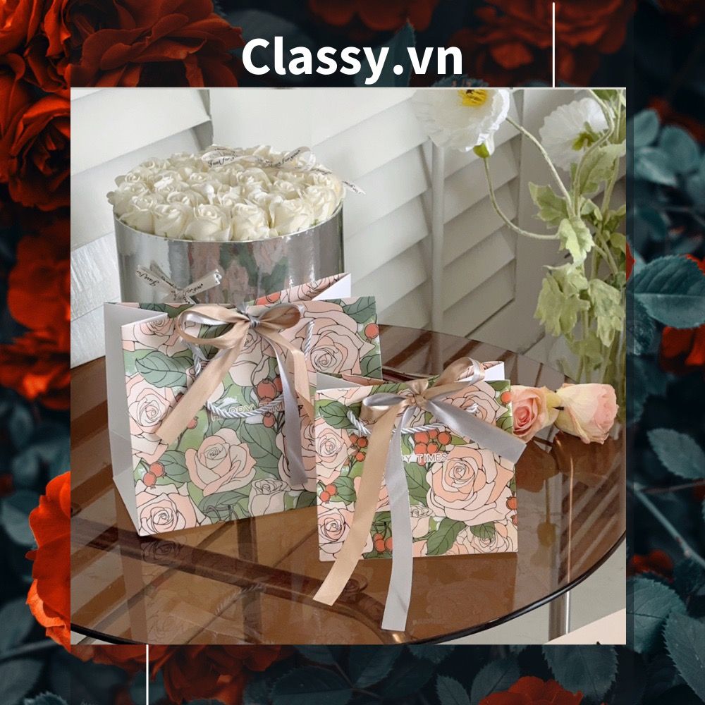 Q903 TÚI (KHÔNG HỘP) giấy 14*12*6cm quai dù, kèm ruy băng đựng đồ quà tặng họa tiết cổ điển (Sản phẩm chỉ gồm TÚI)