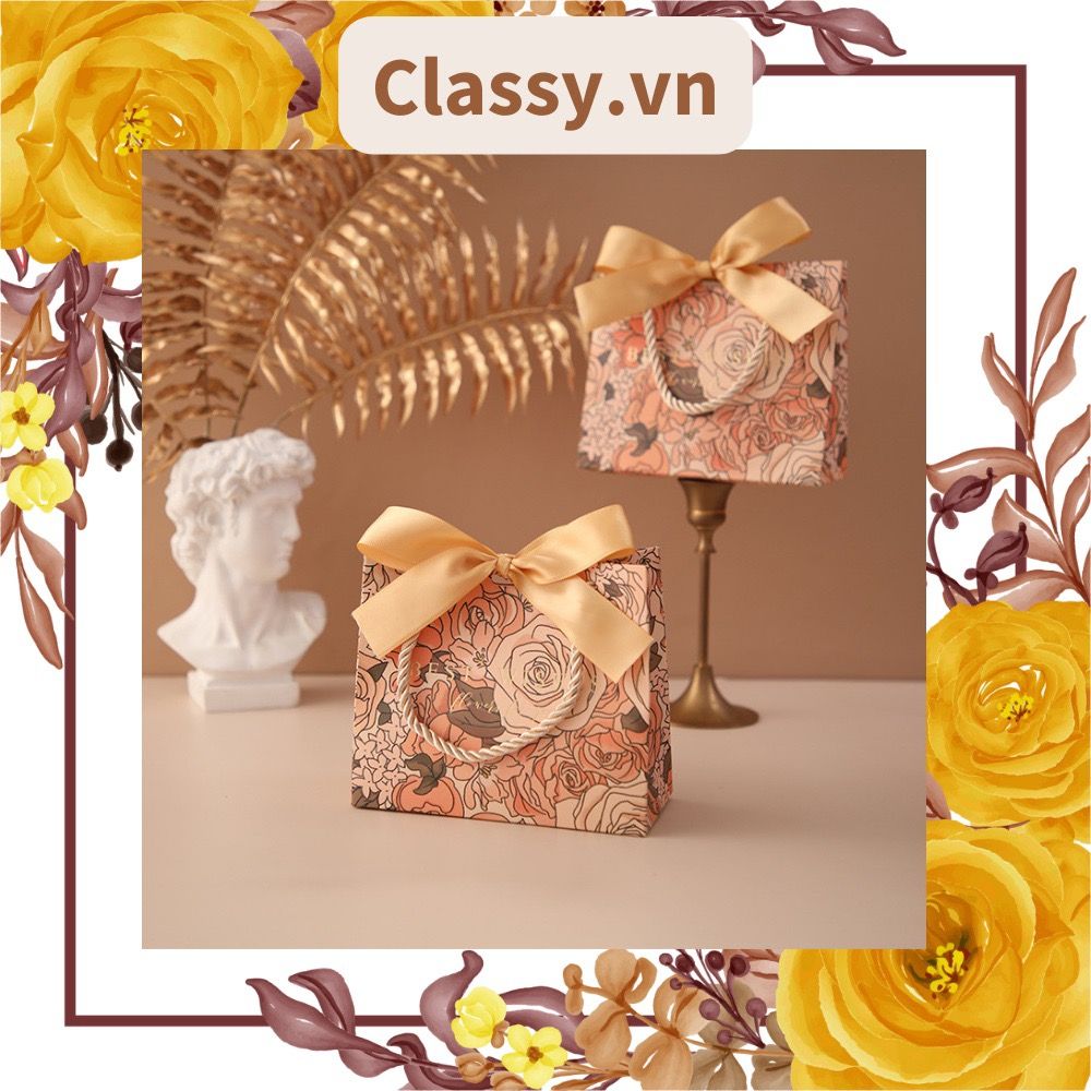 Q903 TÚI (KHÔNG HỘP) giấy 14*12*6cm quai dù, kèm ruy băng đựng đồ quà tặng họa tiết cổ điển (Sản phẩm chỉ gồm TÚI)