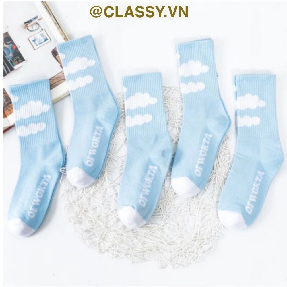 Classy Tất cổ cao, vớ cổ cao màu xanh trắng, chất cotton êm chân G1354
